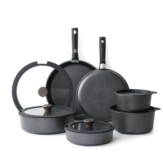 Nonstick Pots and Pans Set with Detachable Handle, 18Pcs Induction Kitchen Cookware Set Stackable, Dishwasher/Oven Safe(Black)