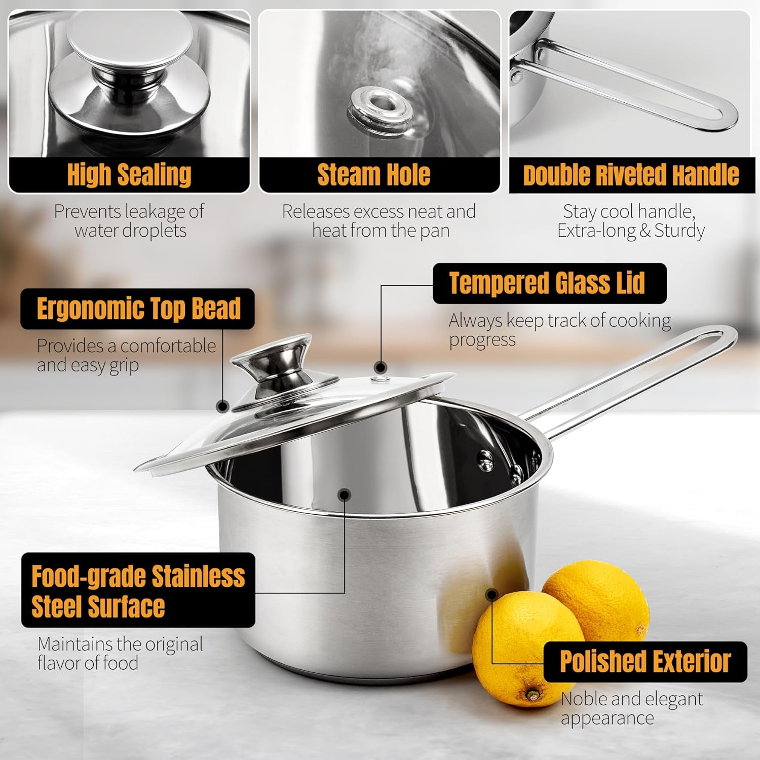 6Pcs Stainless Steel Pots and Pans Set - Nonstick Scratch Resistant Cookware