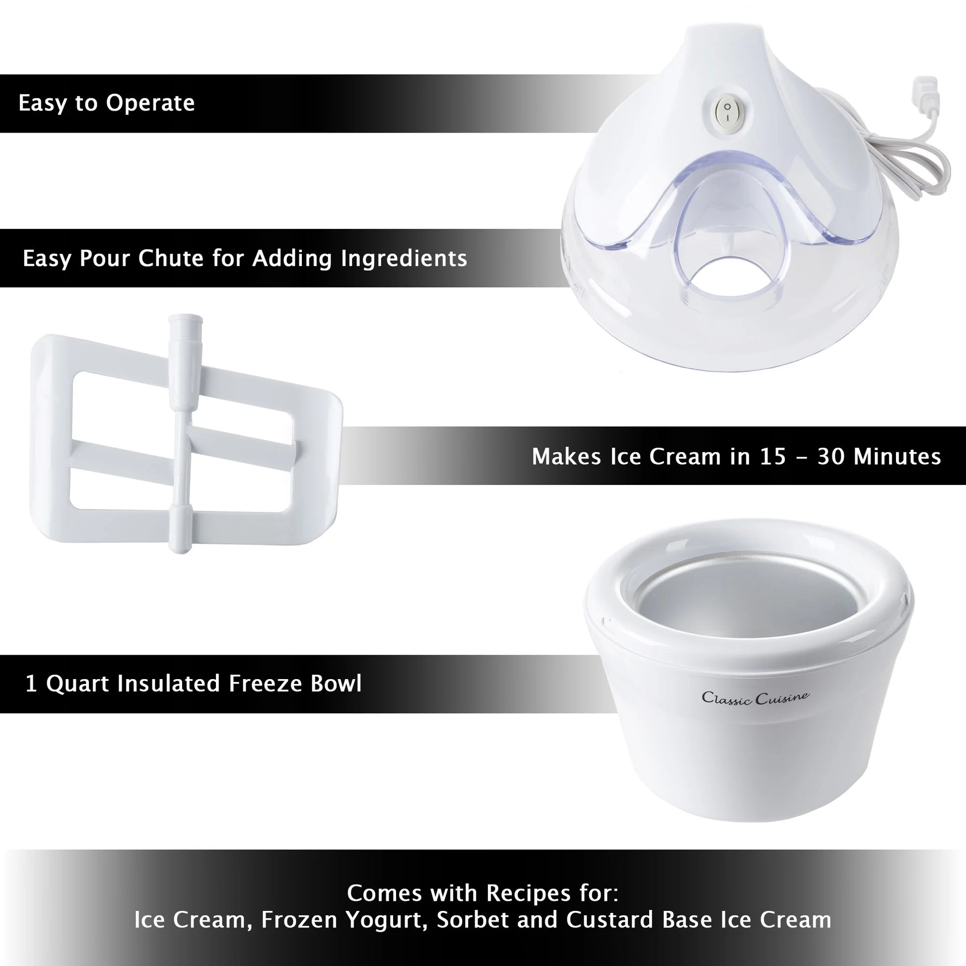Classic Cuisine Ice Cream Maker - Makes Sorbet, Frozen Yogurt, 1 Quart, White