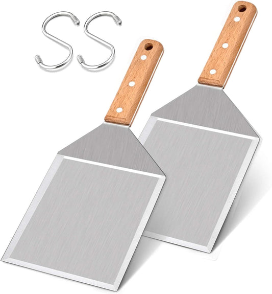 Metal Spatula Set of 2,  Stainless Steel Griddle Hamburger Spatula, as Barbecue Turner Grilling BBQ Griddle Accessories, Triple Rivets & 2 X S Hook, Heavy Duty & Easy Press