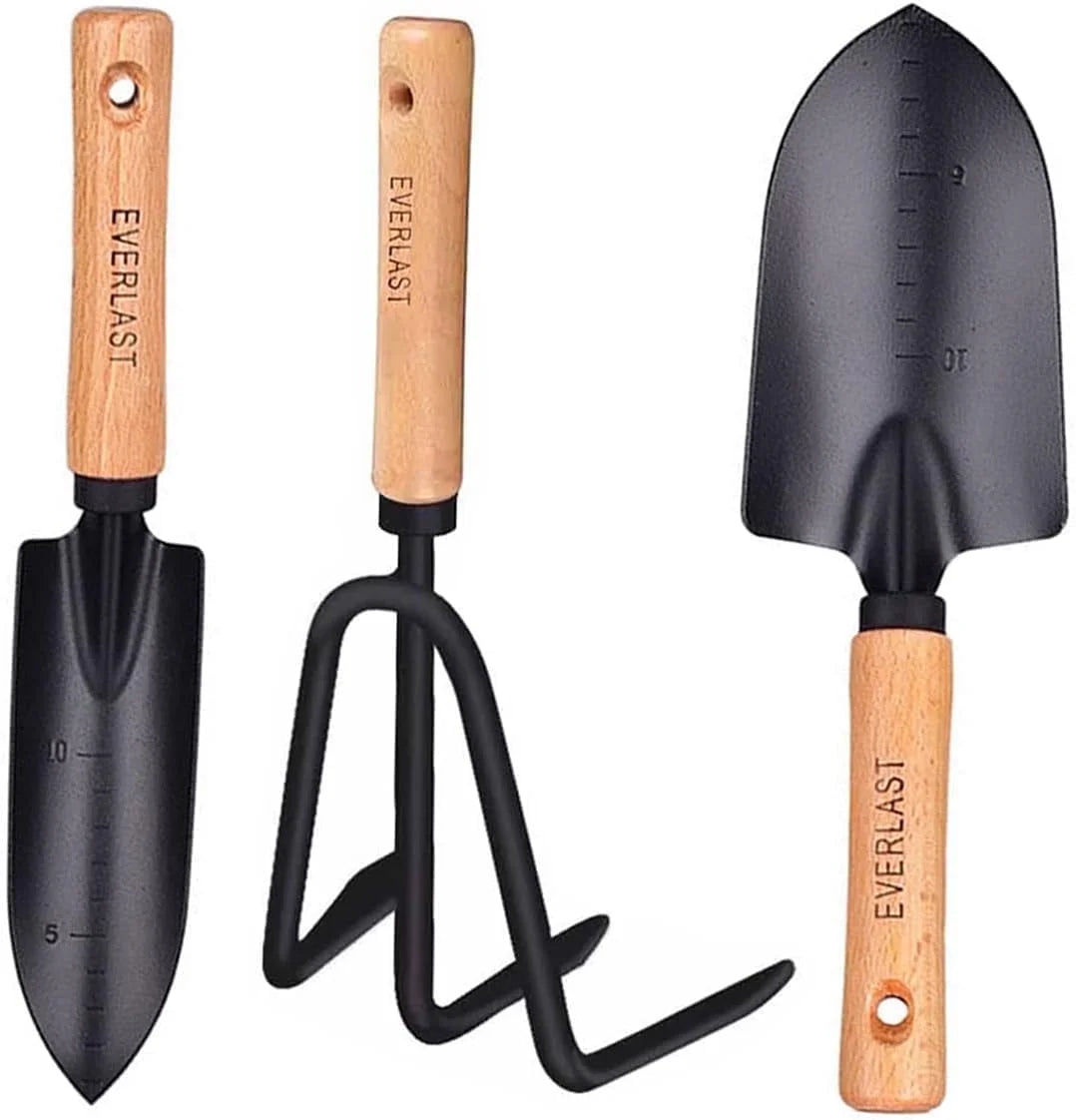 Conventional Garden Tools Minimalism Gardening Tool Set with Wood Handle, Succulent Plant Transplant Trowel, 3 Pieces Include 1 Narrow Trowel,1 Wide Trowel and 1 Garden Rake