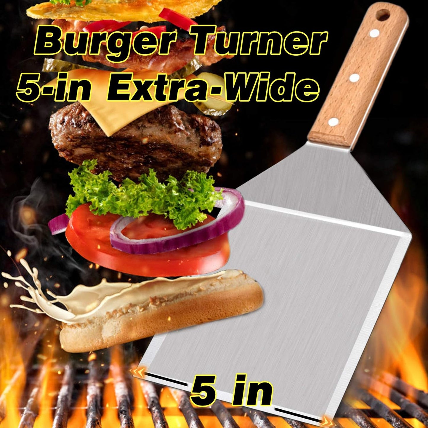 Metal Spatula Set of 2,  Stainless Steel Griddle Hamburger Spatula, as Barbecue Turner Grilling BBQ Griddle Accessories, Triple Rivets & 2 X S Hook, Heavy Duty & Easy Press
