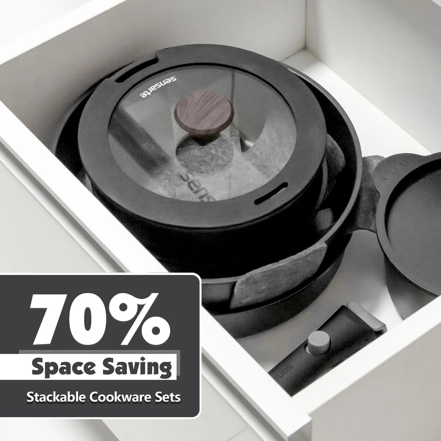 Nonstick Pots and Pans Set with Detachable Handle, 18Pcs Induction Kitchen Cookware Set Stackable, Dishwasher/Oven Safe(Black)