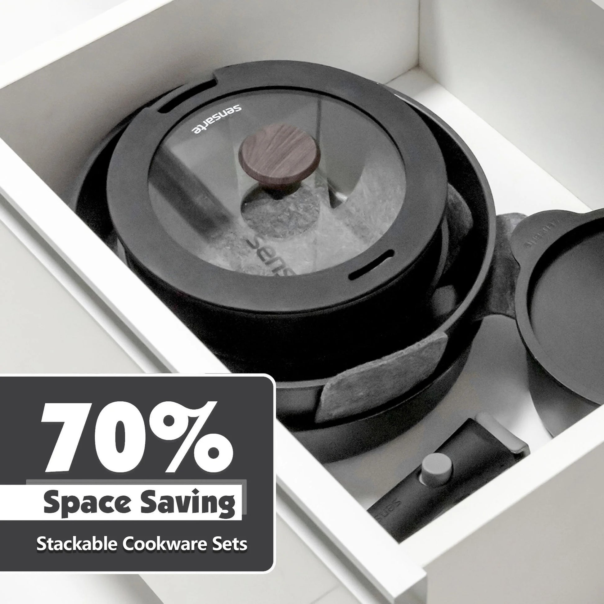 Nonstick Pots and Pans Set with Detachable Handle, 18Pcs Induction Kitchen Cookware Set Stackable, Dishwasher/Oven Safe(Black)