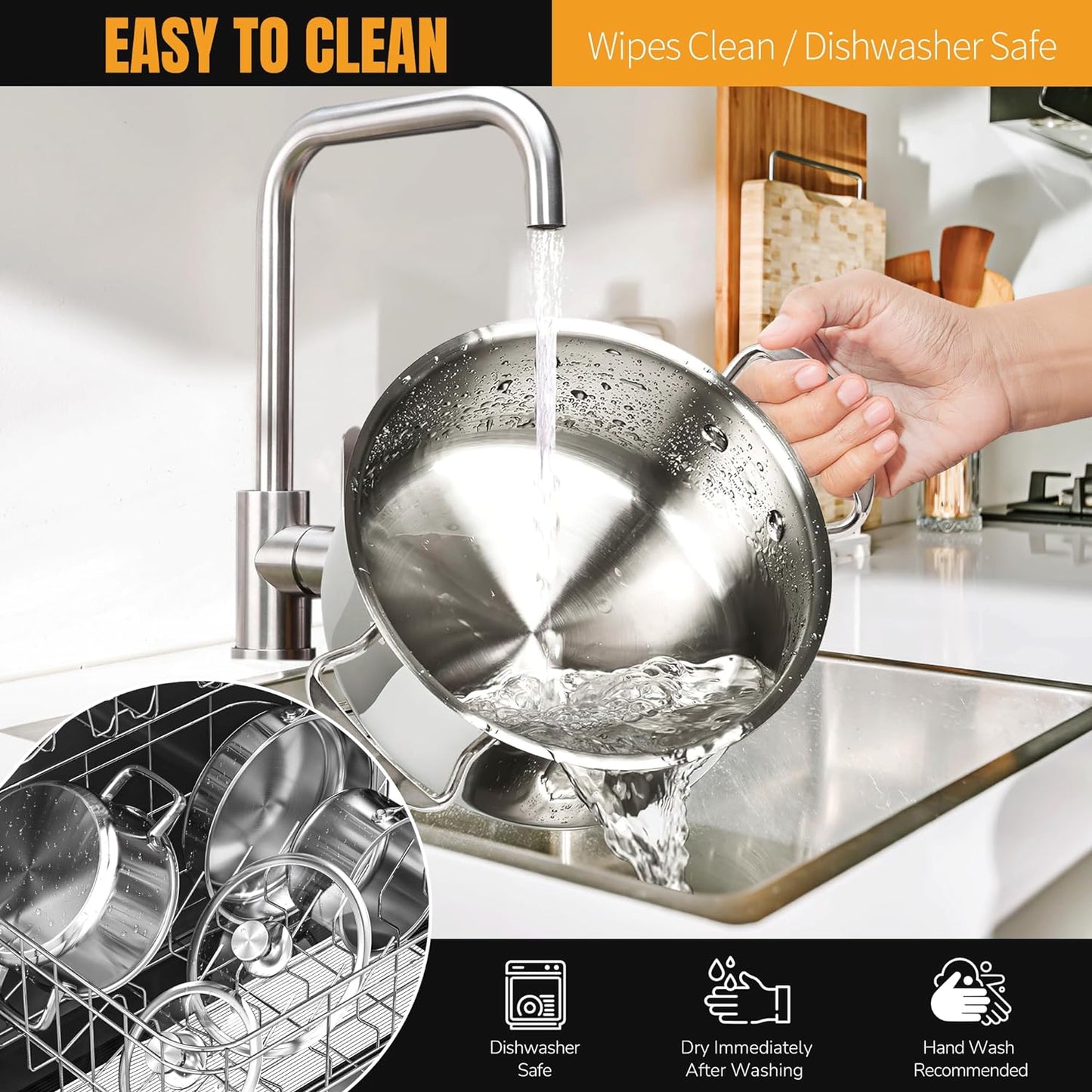 6Pcs Stainless Steel Pots and Pans Set - Nonstick Scratch Resistant Cookware