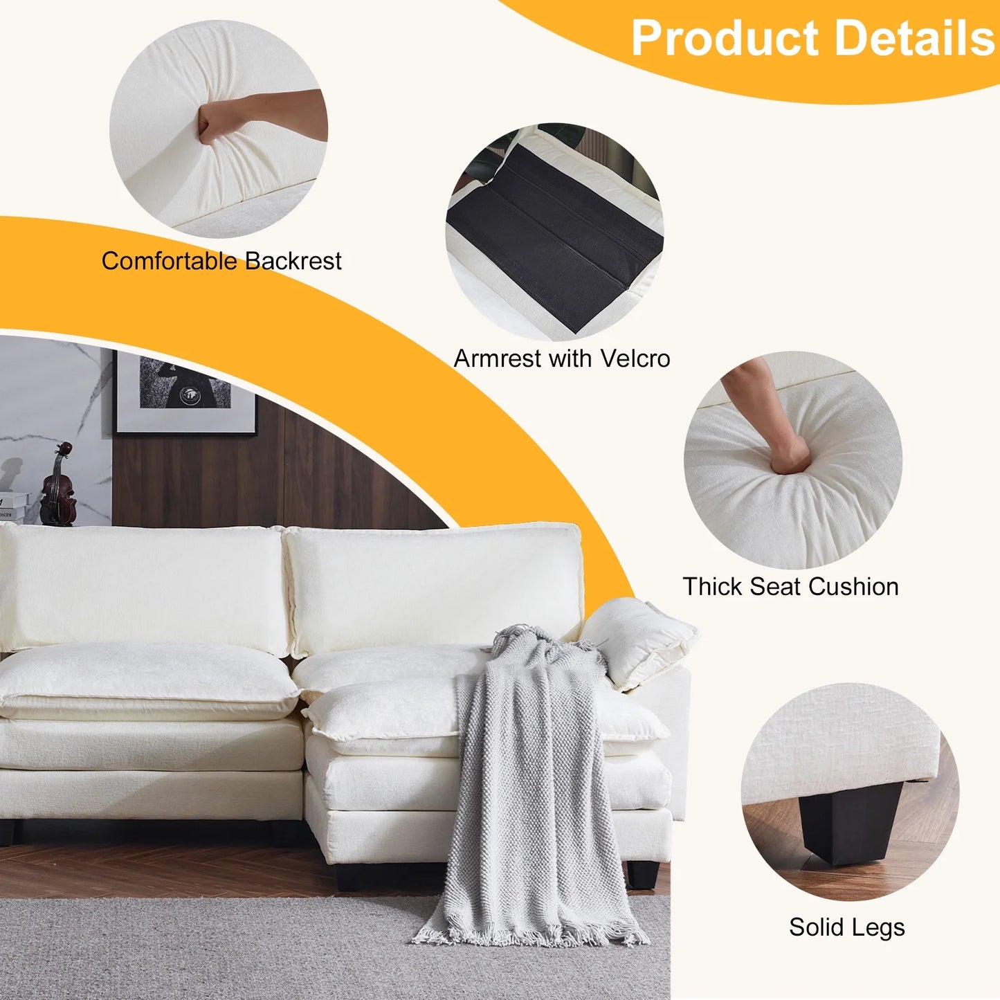 Sectional Sofa L Shaped Couch with Chaise Living Room Sleeper Set, 3 Seats with Chenille and Double Layer Cushions 120" W Beige