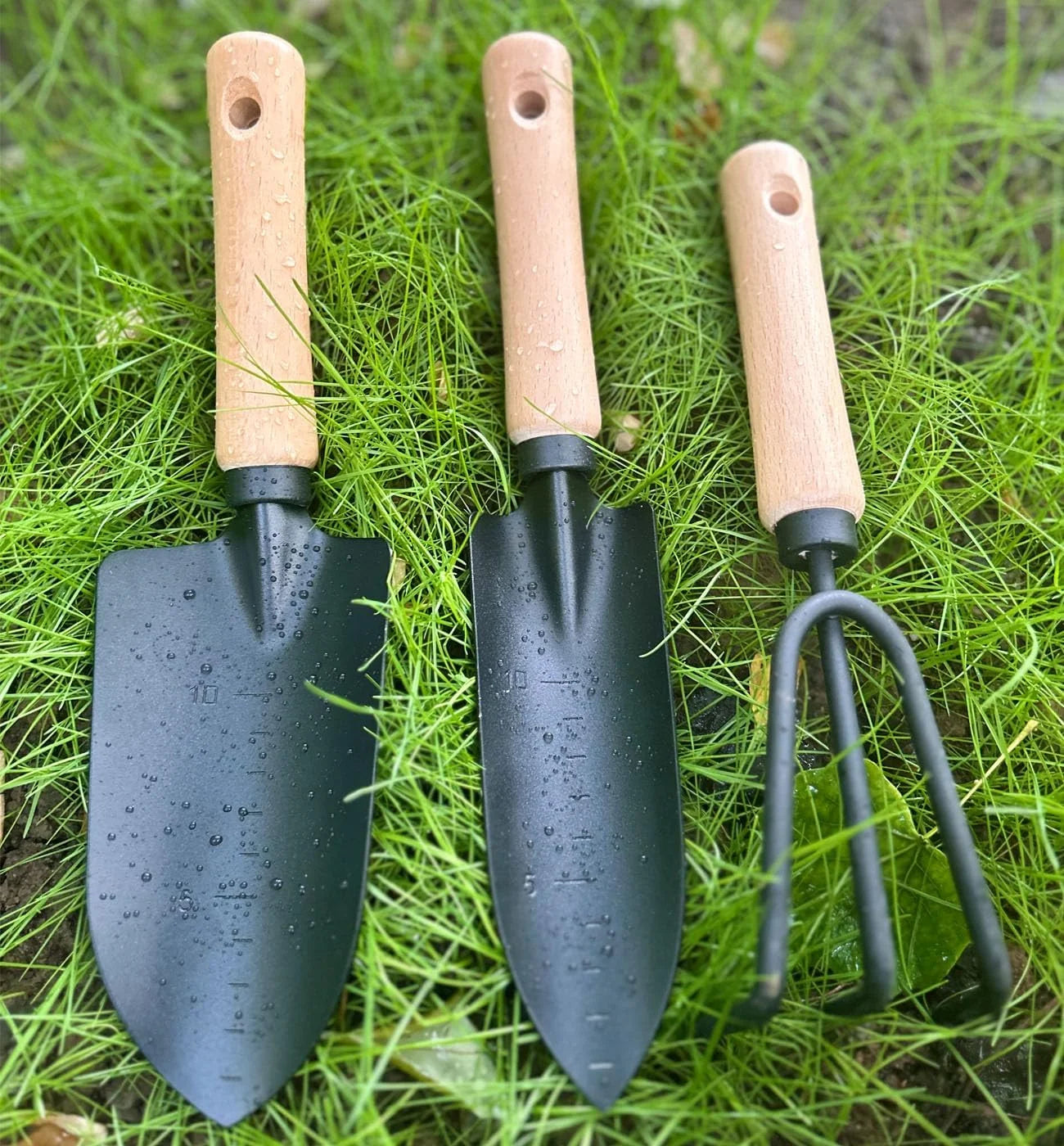 Conventional Garden Tools Minimalism Gardening Tool Set with Wood Handle, Succulent Plant Transplant Trowel, 3 Pieces Include 1 Narrow Trowel,1 Wide Trowel and 1 Garden Rake