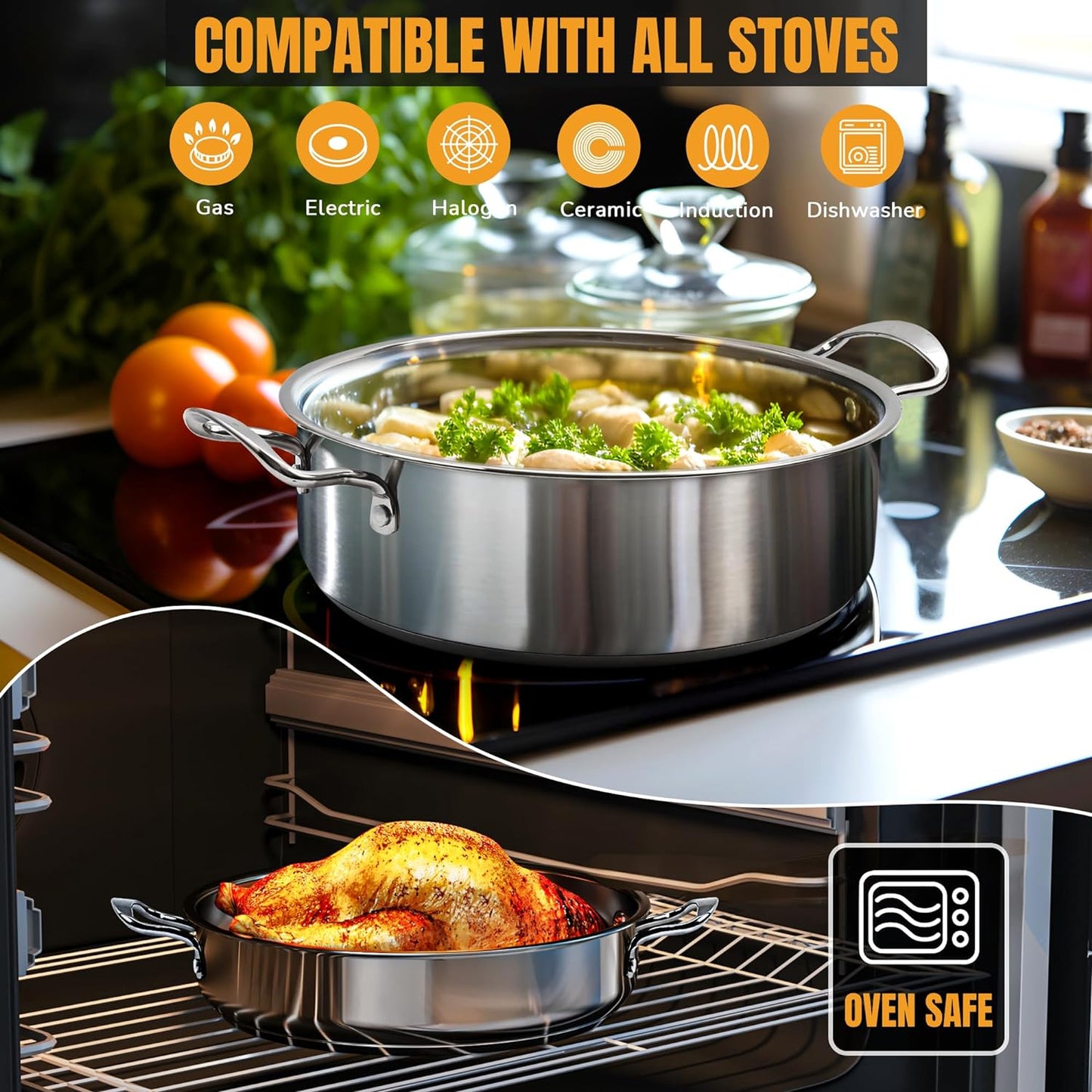 6Pcs Stainless Steel Pots and Pans Set - Nonstick Scratch Resistant Cookware