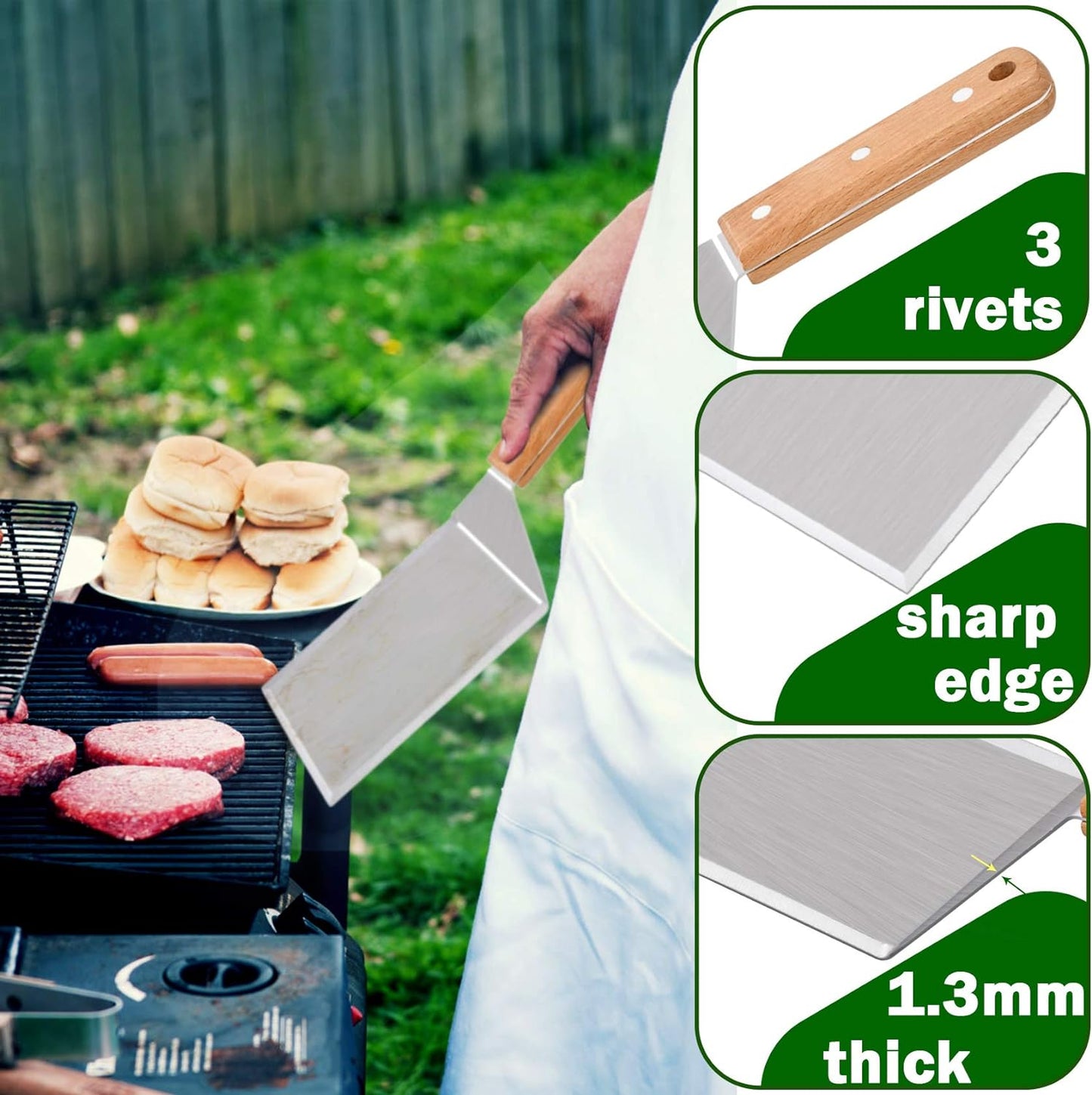 Metal Spatula Set of 2,  Stainless Steel Griddle Hamburger Spatula, as Barbecue Turner Grilling BBQ Griddle Accessories, Triple Rivets & 2 X S Hook, Heavy Duty & Easy Press