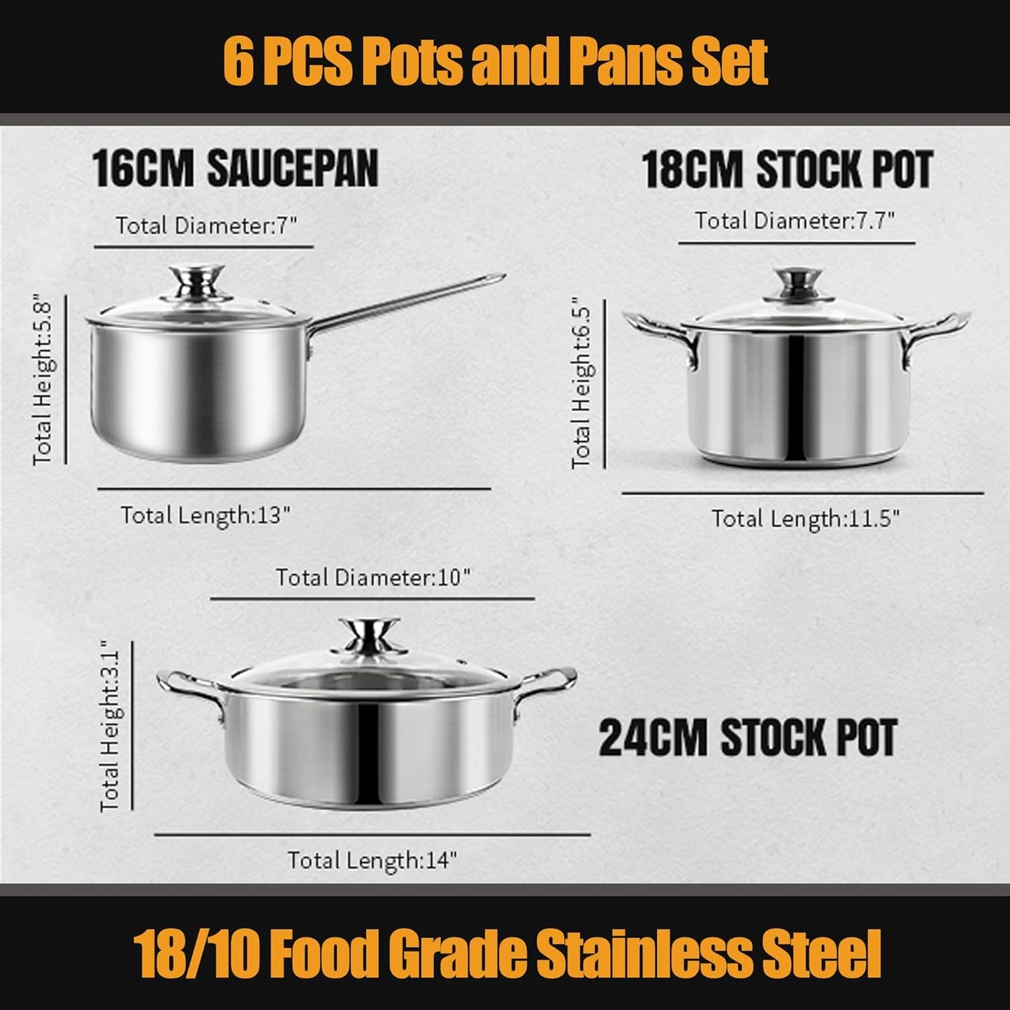 6Pcs Stainless Steel Pots and Pans Set - Nonstick Scratch Resistant Cookware