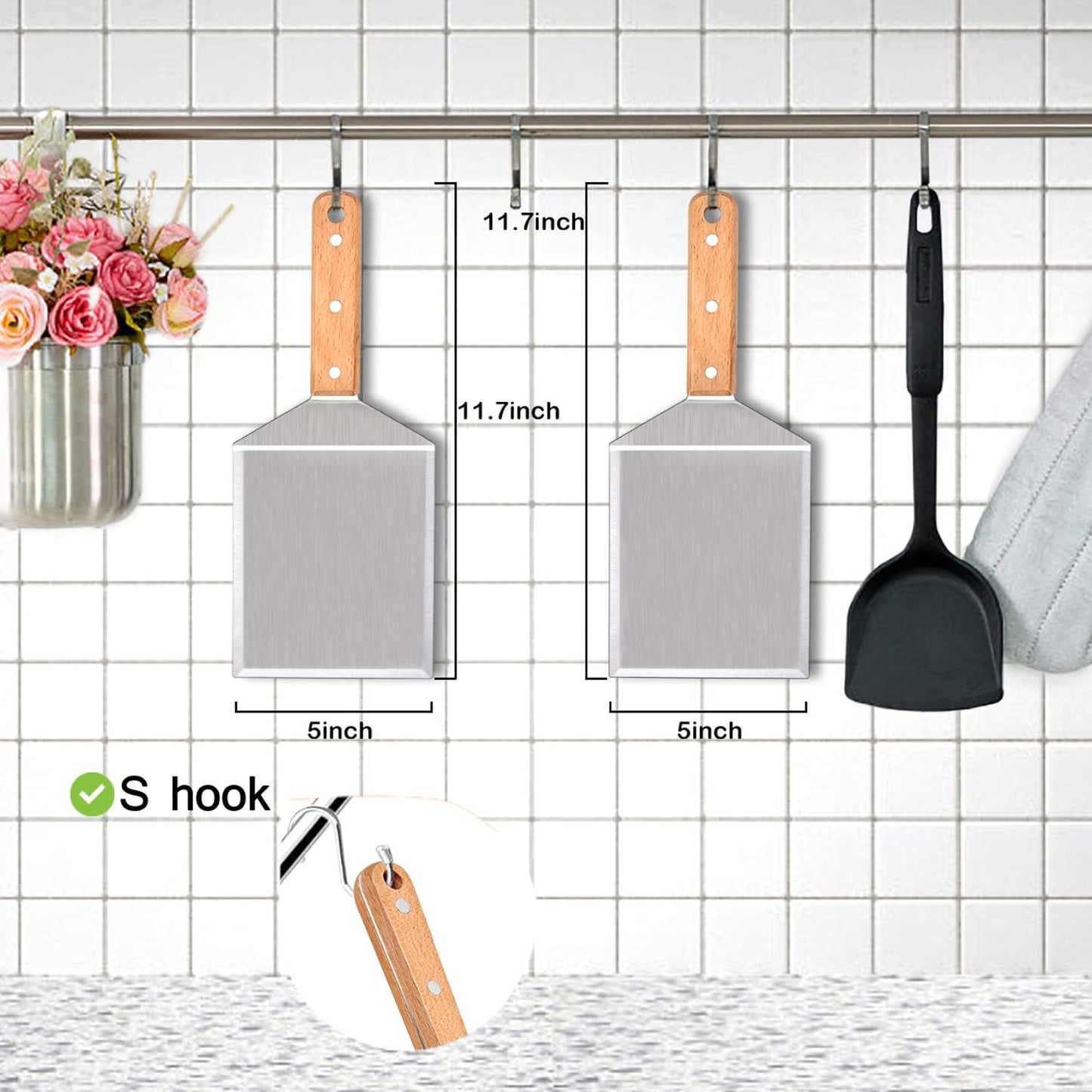 Metal Spatula Set of 2,  Stainless Steel Griddle Hamburger Spatula, as Barbecue Turner Grilling BBQ Griddle Accessories, Triple Rivets & 2 X S Hook, Heavy Duty & Easy Press