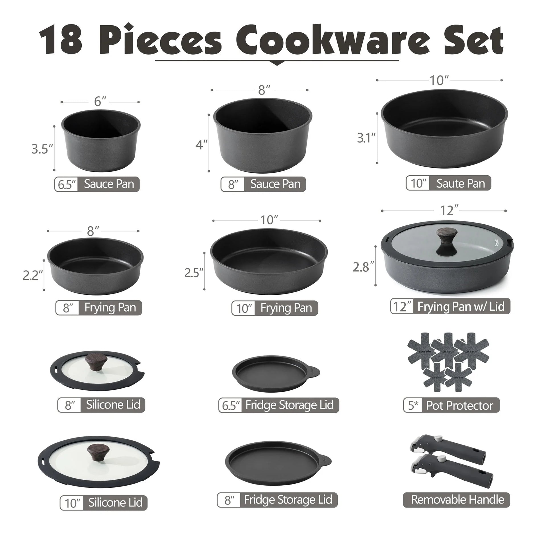 Nonstick Pots and Pans Set with Detachable Handle, 18Pcs Induction Kitchen Cookware Set Stackable, Dishwasher/Oven Safe(Black)